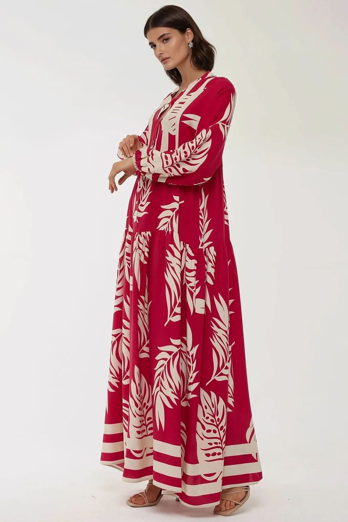 Geprinte Lange Mouwen Viscose Maxi Jurk