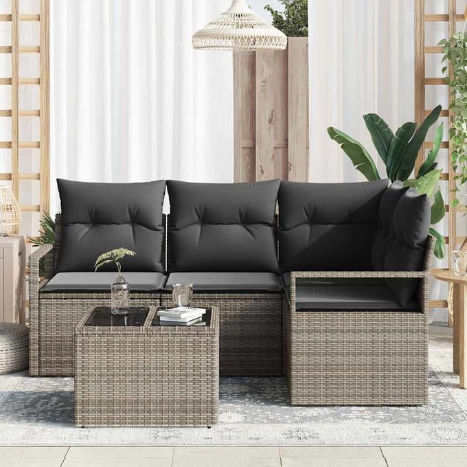 vidaXL Bankstel met kussen met opslag 5 pcs Lichtgrijs poly rattan