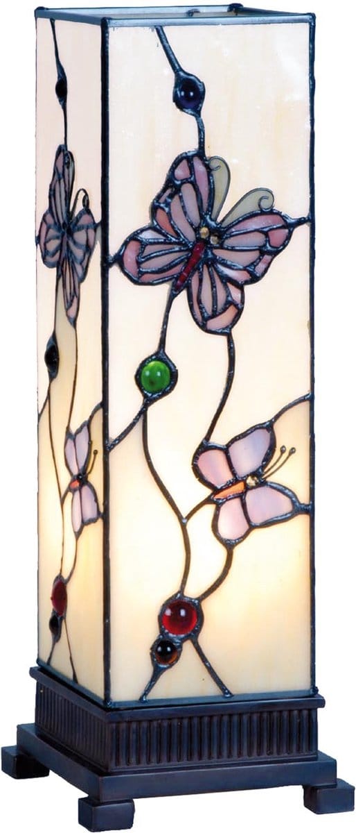 Lumilamp Tiffany Tafellamp 12x12x35 cm Wit Roze Glas Vlinder