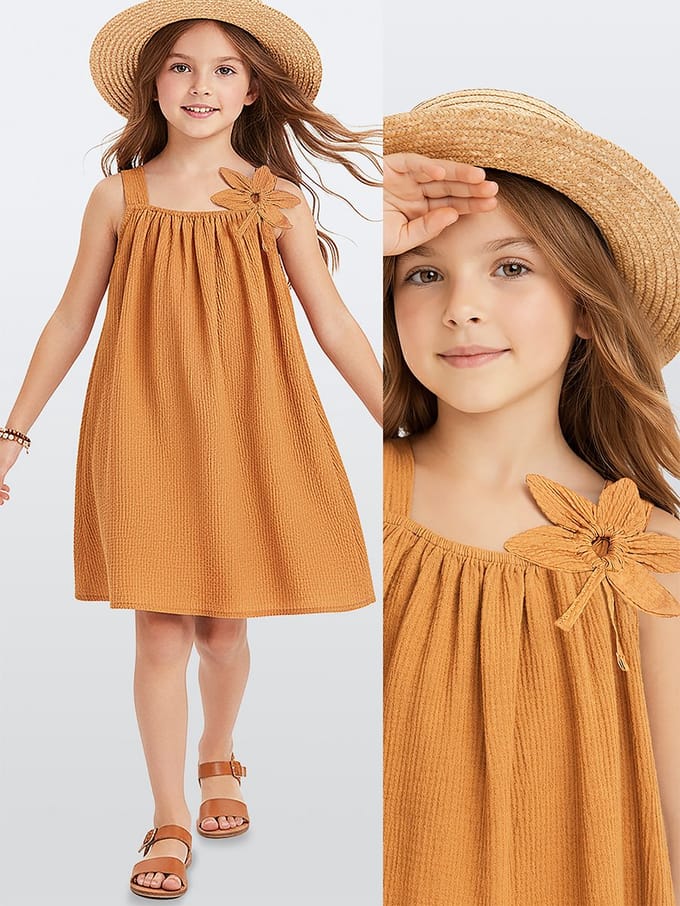 Denokids CFF-26Y1-039 Mosterdgele meisjesjurk met 3D-bloemenpirnt 128