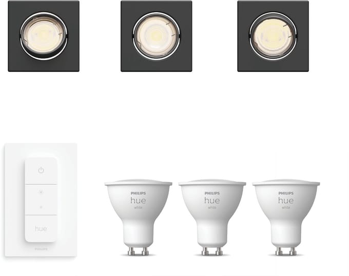 Philips Hue Peridot Set van 3 Inbouwspots (Zwart) - Vierkant - Richtbaar - GU10 - Warmwit Licht - Incl. Hue Dimmer Switch - Hue White