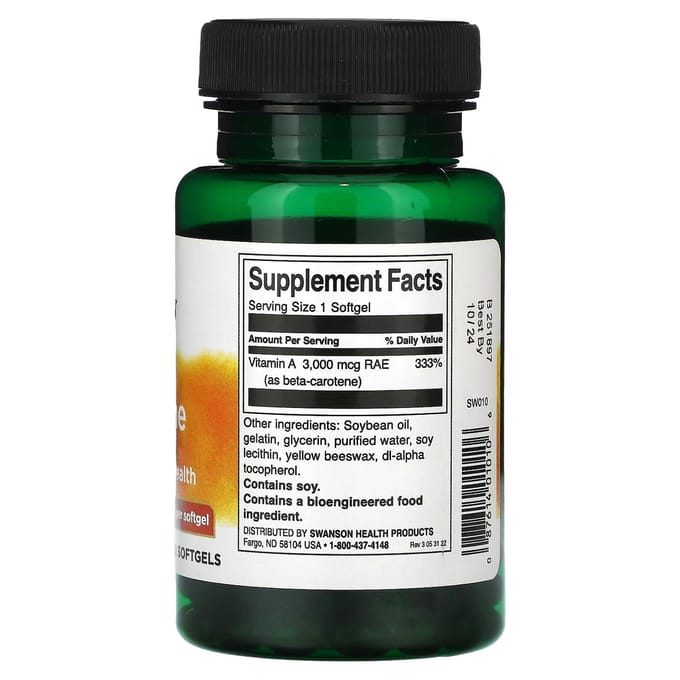 Bètacaroteen, 10.000 IE (3.000 mcg RAE), 250 softgels
