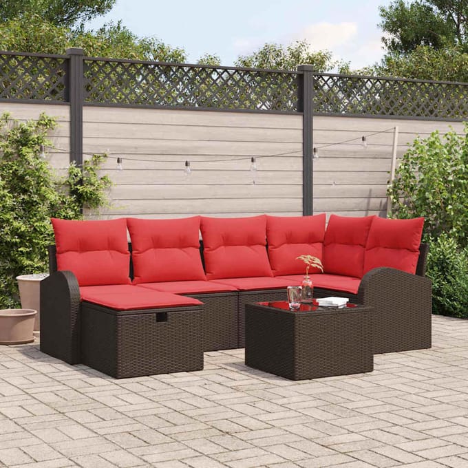 vidaXL - Bankstel - met - kussen - met - opslag - Bruin - en - Rood - poly - rattan