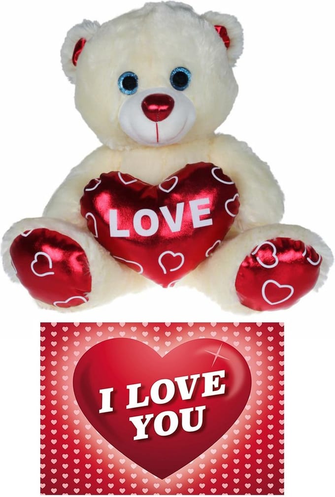 Kruger Pluche knuffelbeer - 30 cm - wit/rood - Valentijn Love hartje - hartjes wenskaart