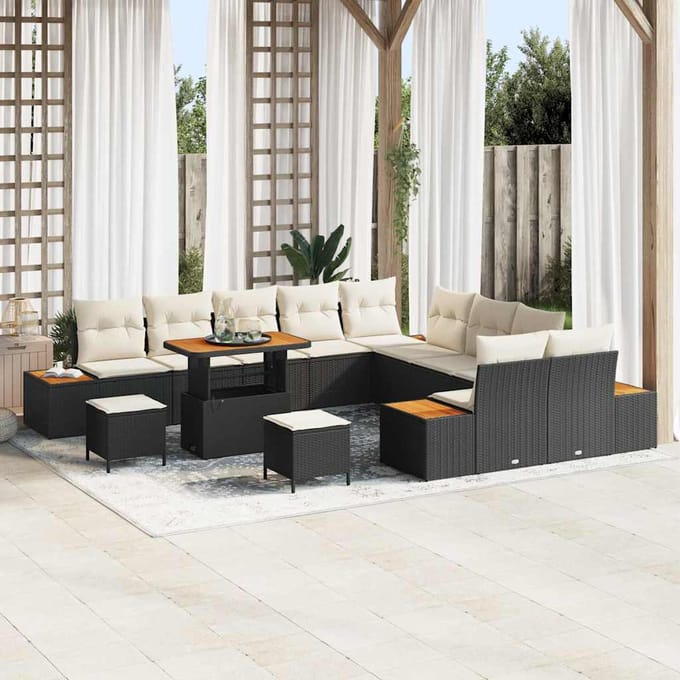 vidaXL - Tuinbank - Set - 13 - st - 12-zits - Zwart - Poly - rattan