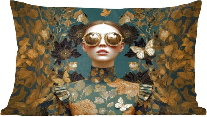 Sierkussens - Kussentjes Woonkamer - 60x40 cm - Vrouw - Bladeren - Goud - Vlinders