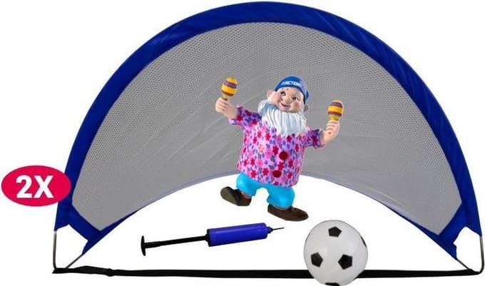 2 Voetbaldoeltjes pop up uitklapbaar blauw met bal en pomp