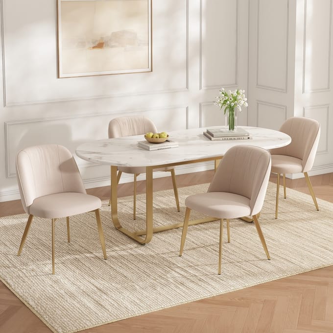 Eetkamerstoel - 4 Stuks - Comfortabel Ademend Modern Design - Beige en Goud - Samt - Beige / Goud