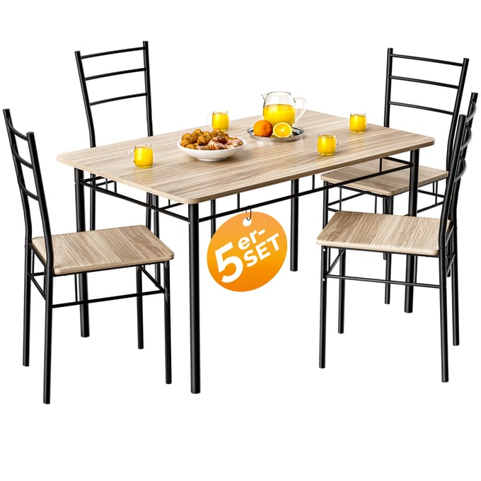Casaria Eetkamerset Leo - 1x Eettafel 4x Stoel - Lichte Eik