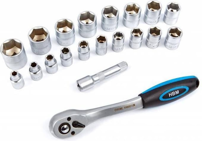 HBM 3/8 inch Professionele Ratel inclusief 18 doppen en verlengstuk