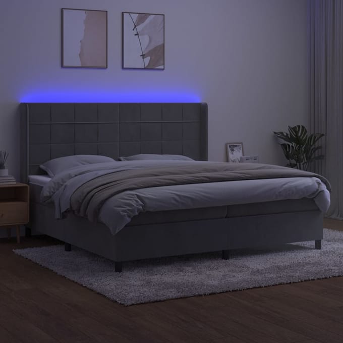 vidaXL - Boxspring - met - matras - en - LED - fluweel - lichtgrijs - 200x200 - cm