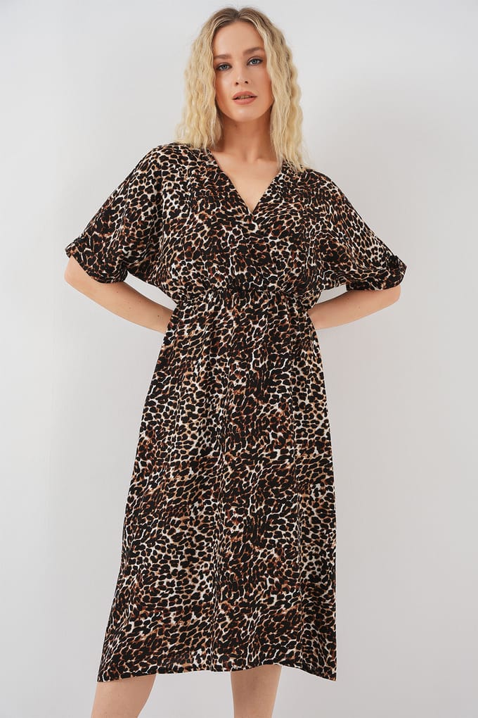 V-hals Midi-jurk met Touwtjessluiting