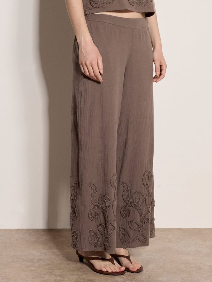 Geborduurde katoenen broek met wijde pijpen
