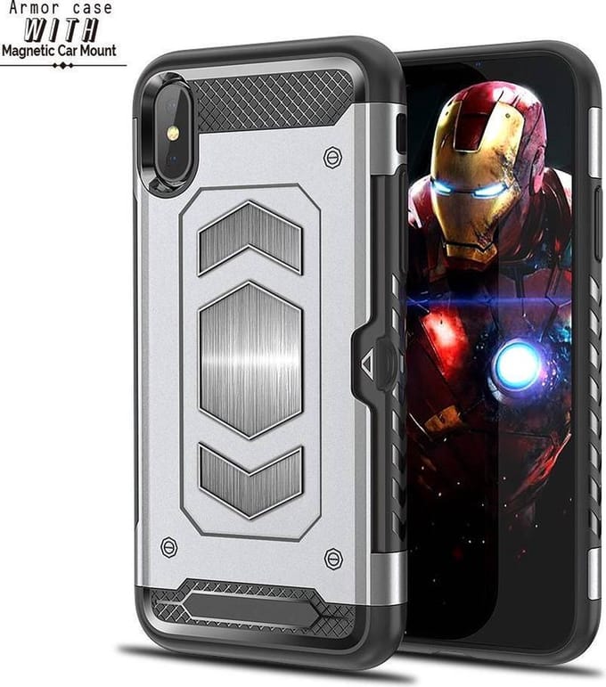 Ntech hoesje Geschikt voor iPhone Xs Max Luxe Armor Case met Pashouder - Zilver