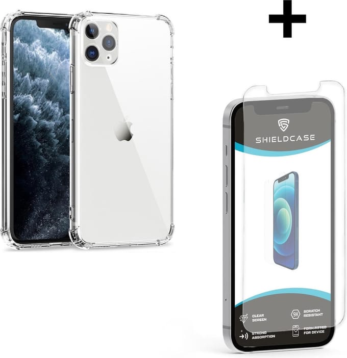 ShieldCase Shock case met camera protectie TPU geschikt voor Apple iPhone 12 - 6.1 inch - transparant + glazen Screen Protector