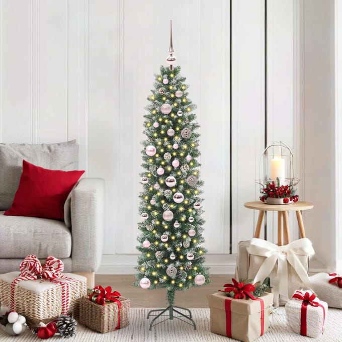 vidaXL Kunstmatige slanke kerstboom Groen en Wit 150 cm