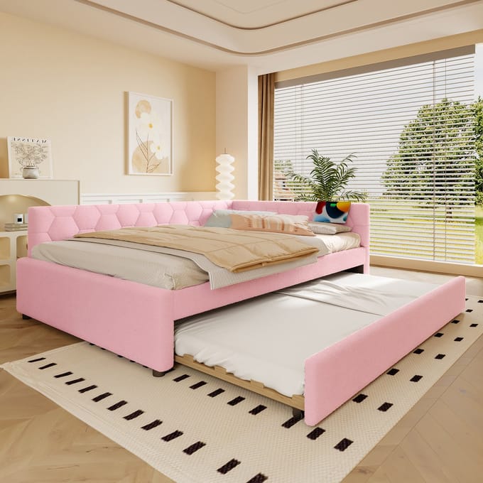 MODFU Bedframe 140x200 cm – Gestoffeerd met uittrekbed, USB/Type-C en nachtlamp – Velvet – Roze
