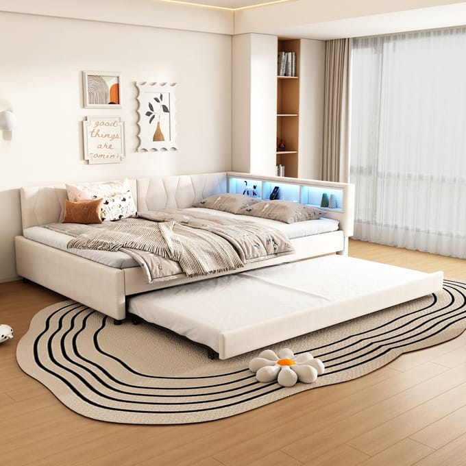 REDOM uitschuifbaar daybed 140x200 cm – Met LED, USB, Type-C en opbergvakken – Linnen + MDF – Beige