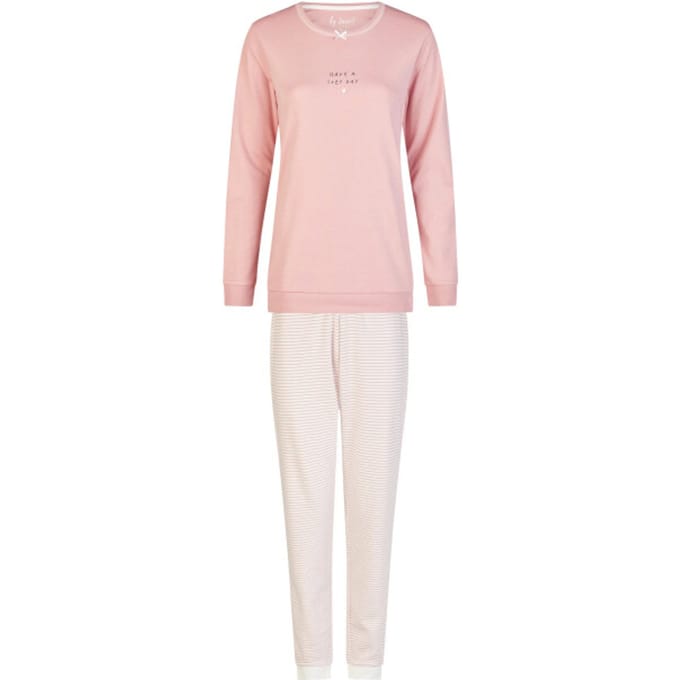 By Louise Dames Winter Pyjama Set Lang Interlock Roze/Wit Gestreept - Maat S