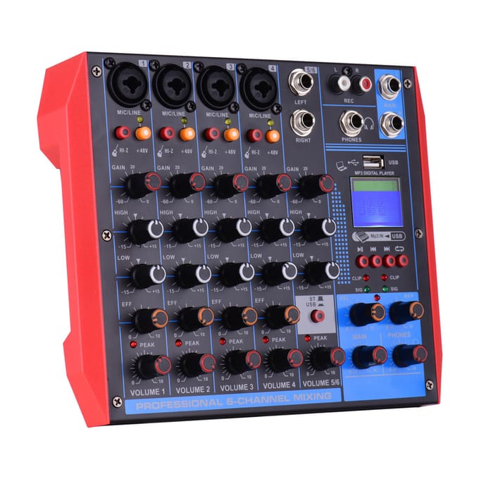 AG6 Draagbare 6-kanaals mengtafel Digitale audiomixer +48V Fantoomvoeding Ondersteunt BT/USB/MP3 EU Plug purple