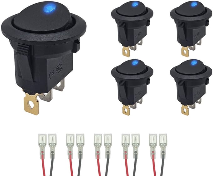 ProRide Wipschakelaar ON-OFF KCD2-12 - met Aansluitkabels - 3 pins - Rond - 12V/20A - LED indicator Blauw - 5 stuks