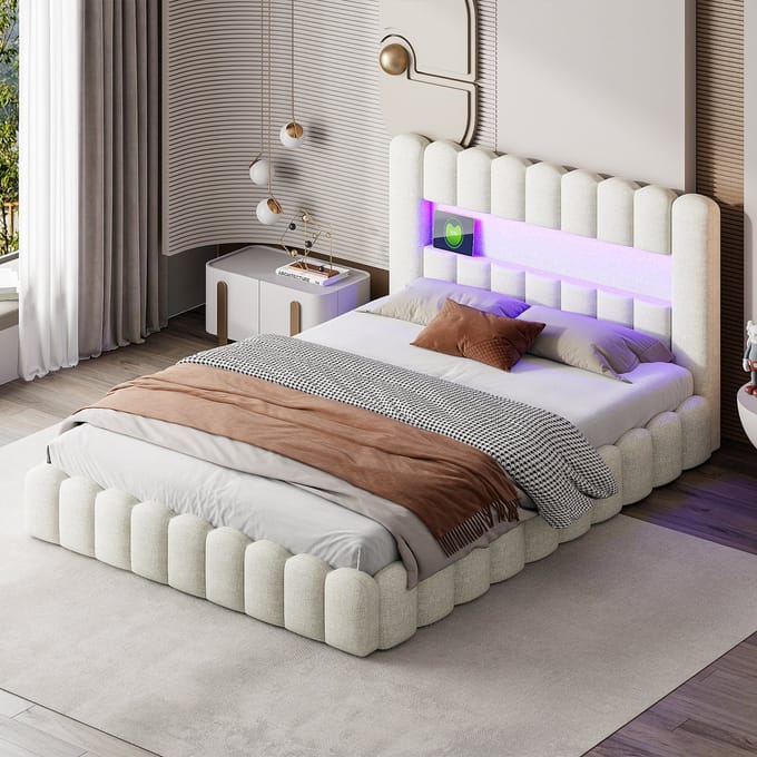 Opbergbed 180x200 Beige met LED & USB-C – Gestoffeerd Linnen Bed