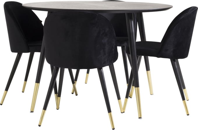 DippØ115BLBR eethoek eetkamertafel zwart en 4 Velvet eetkamerstal velours zwart, messing decor.