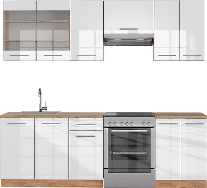 Vicco Fame-Line Complete keukeneenheid – 240 cm, WB Eik Wit hoogglans/goud power eiken