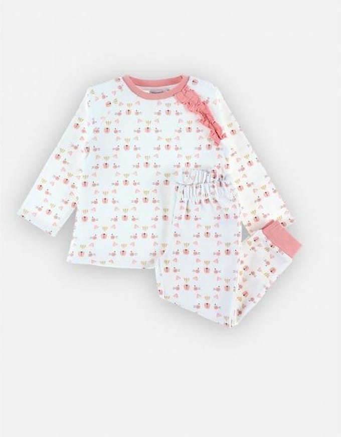 Noukie's - Pyjama - Velour - Meisje - Creme / roze - Snoet poes - 4 jaar 104