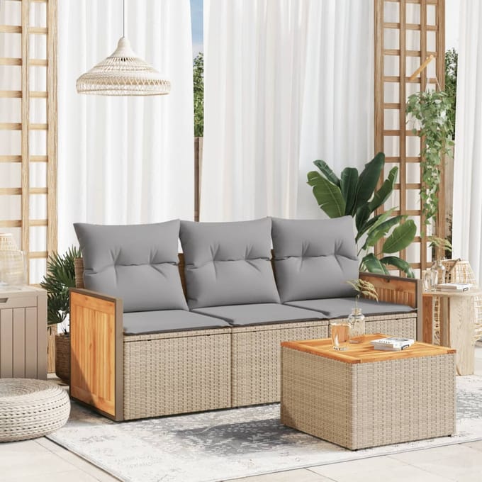 vidaXL - 4-delige - Loungeset - met - kussens - poly - rattan - beige