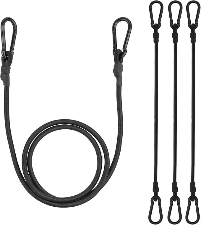 Spanrubber met karabijnhaak, 150 cm, 4-delige bagagespanner, rubberen spanner, zwart