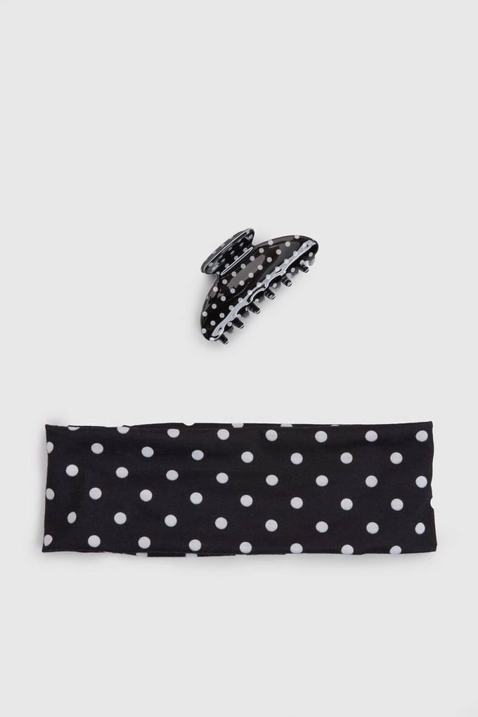 boohoo Dames Jersey Haarband En Scrunchie Met Stippenprint 2-delige Set | Zwart