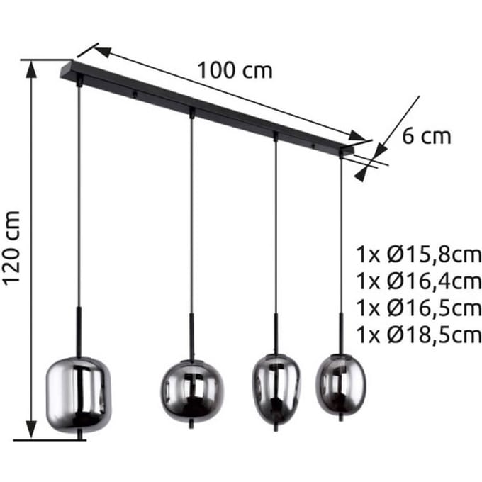 Globo Hanglamp Blacky, zwart/rookgrijs, lengte 110 cm, 4-lamps.