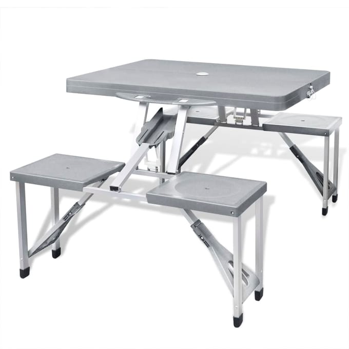 vidaXL - Campingtafel - met - vier - zittingen - inklapbaar - aluminium - grijs