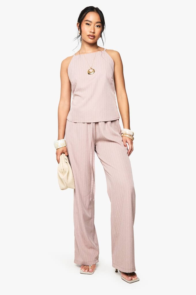 boohoo Dames Geweven Pinstripe High Neck Cami | Pink | Maat: 6