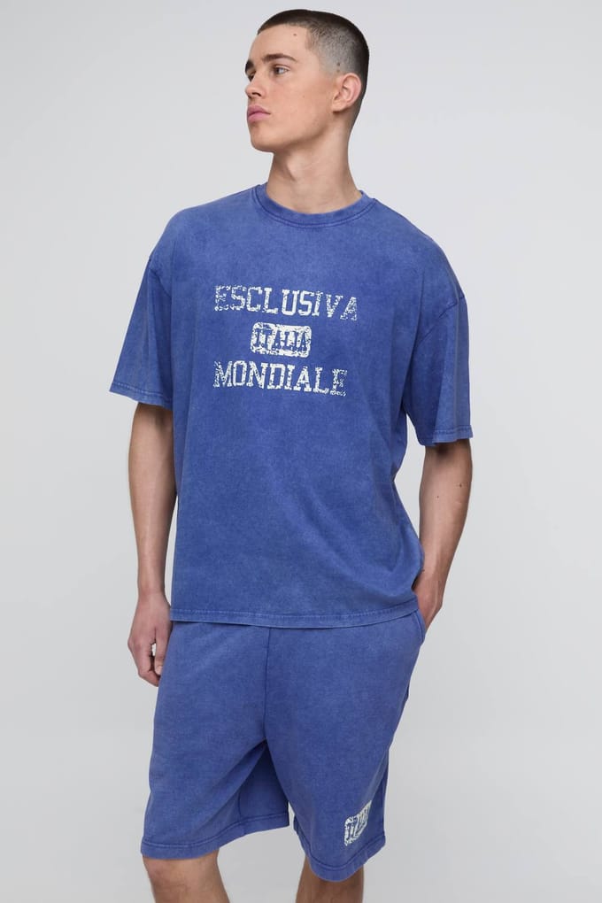 Oversized Loopback Gewassen Italia Bedrukte Short Set | Navy | Size Medium