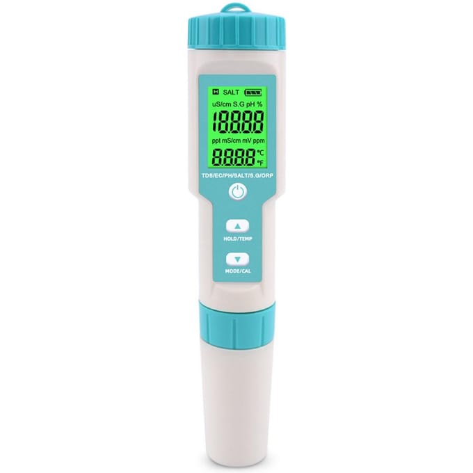 7 in 1 PH/TDS/EC/ORP/SG/zoutgehalte/temperatuur multi-parameter pocket waterkwaliteitstester met with backlight hemelsblauwe kleur