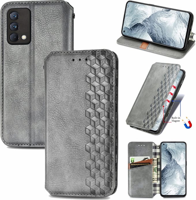 Luxe PU Lederen Ruitpatroon Wallet Case + PMMA Screenprotector voor Realme GT Master _ Grijs
