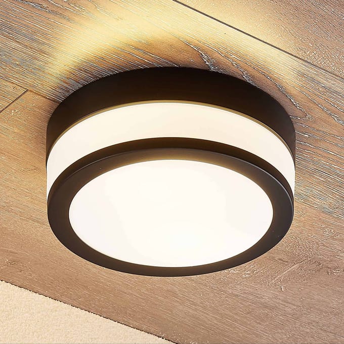 Lindby - Plafondlamp badkamer - 2lichts - Glas, metaal - H: 9 cm - E27 - opaalwit, matzwart