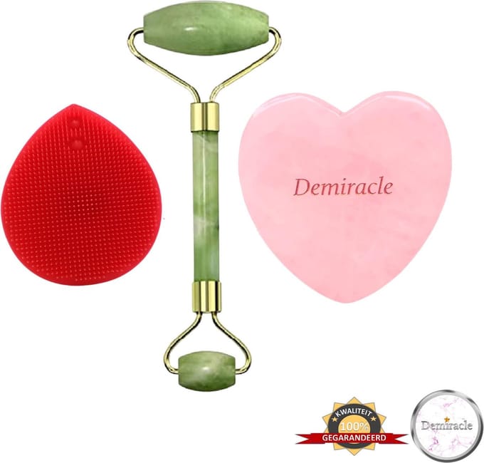 Demiracle® Face Roller & Gua Sha Love Bundle met Rode Siliconen Gezichtsborstel – Jade – Rose Quartz – Face Rollers – Gezichtsmassage – Massagetools – Massage - Ontspanning – Kwaliteit