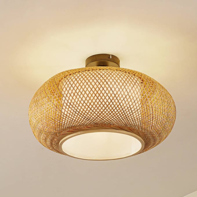 Lindby - plafondlamp hout - 1licht - Bamboe, ijzer - H: 30 cm - E27 - Licht hout, wit
