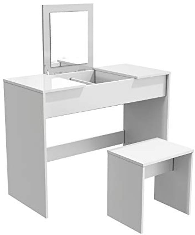 Makeuptafel met Kruk en Inklapbare Spiegel - Wit 2-in-1 Design