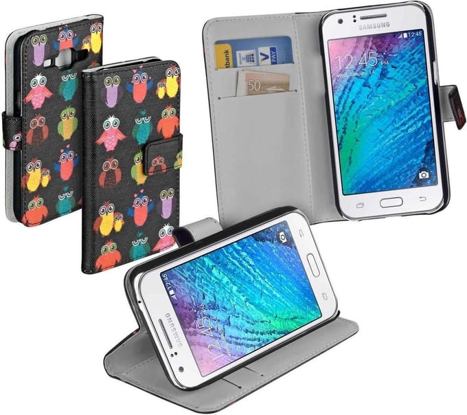 Zwart uil design booktype Samsung Galaxy J1 hoesje