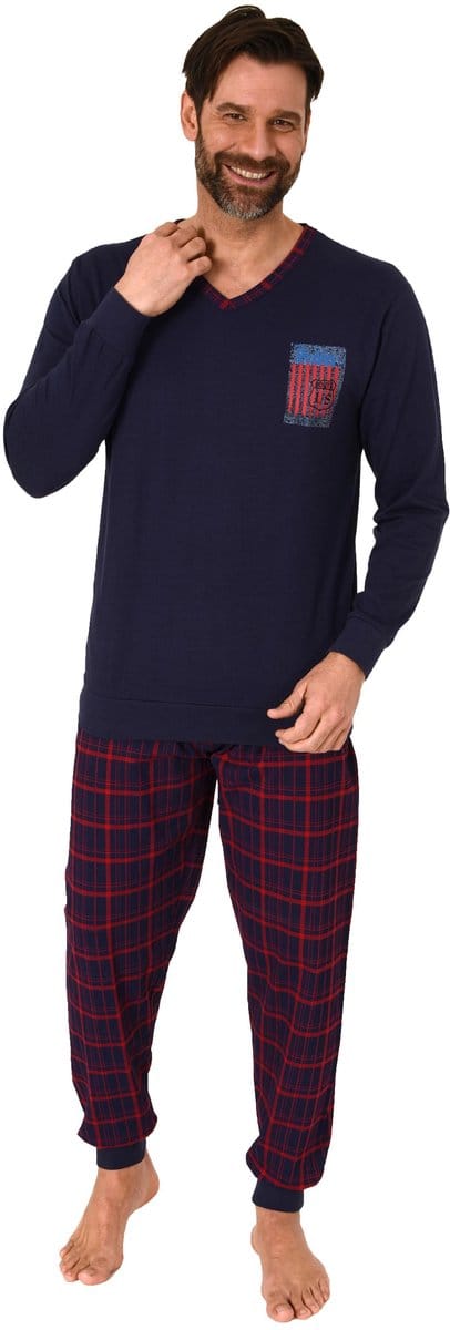Herenpyjama met manchetten en geruite jersey broek