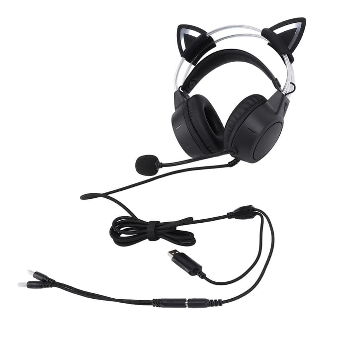 Casque de jeu noir antibruit réglable avec bandeau filaire et oreilles de chat RGB avec micro pour