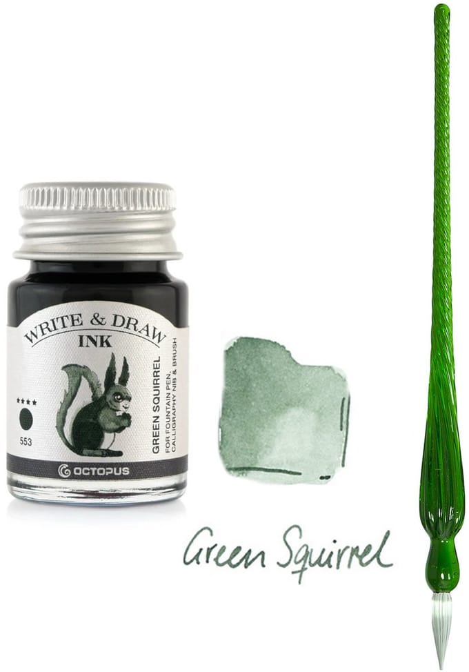 Glaspen - Glazen Dip Pen set in doosje - Groen - Potje - Octopus - Vulpen inkt - green squirrel
