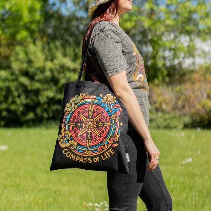 Iconic Classic Tote Bag - Compass of Life - Black 6oz 5 stuks