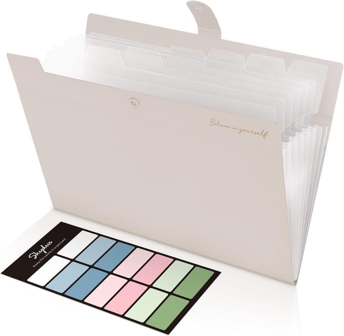 SnelShoppen - A4 Document Folder, 8 Compartimenten, Pocket Folder met Labels, Lichtgewicht Beige Opslagfolder voor Thuis, Kantoor, School en Reizen