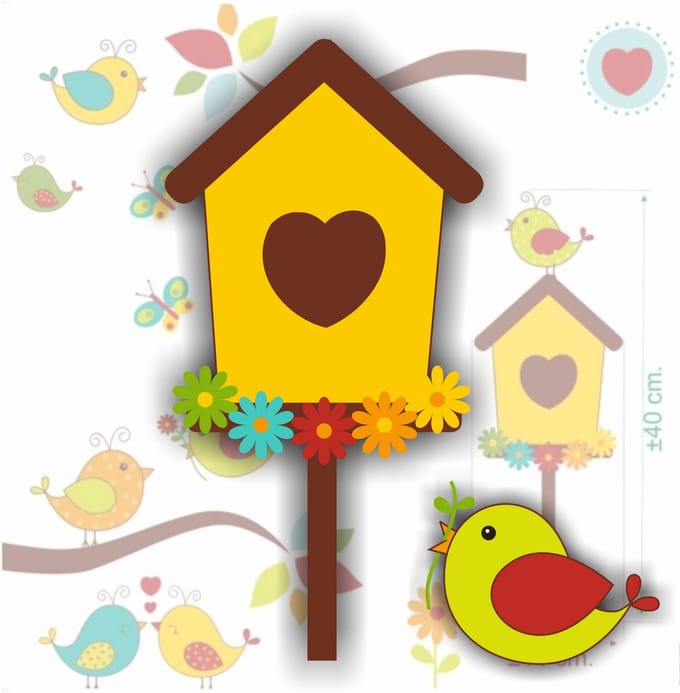 Jerma - Vogel met vogelhuisje - ± 14x40 cm - Raamsticker - Set - Zelfklevend - Weerbestendig