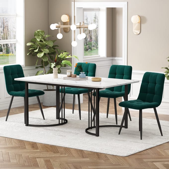 REDOM - Eetkamerset - 5-Delig - Met 4 Stoelen - Marmerlook - Modern - MDF En Metaal - Wit - 140 x 80 cm